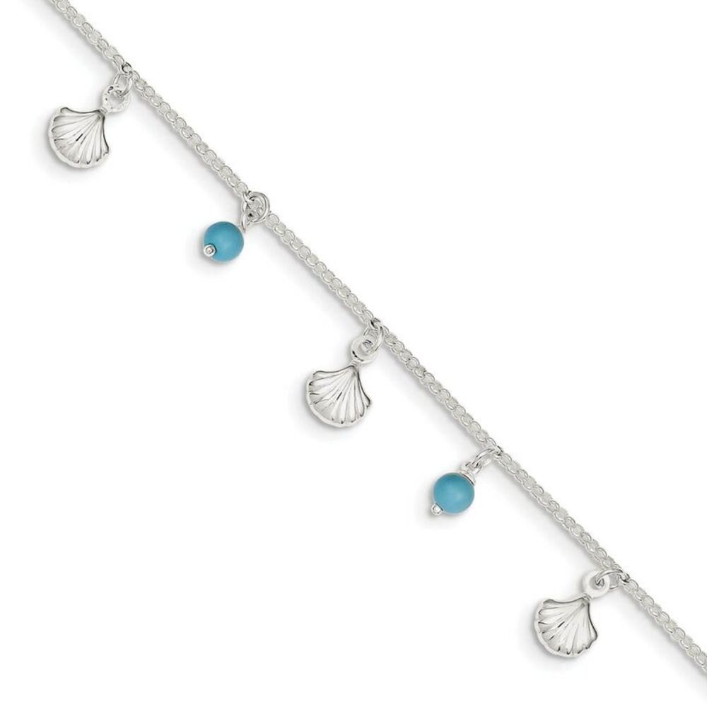 Fan Shell and Turquoise Bead Adj. Anklet in Sterling Silver, 9 In